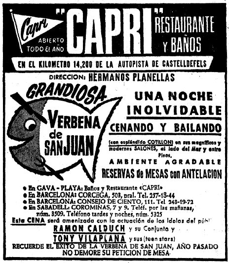 Anunci de la Revetlla de Sant Joan del restaurant-balneari Capri de Gav Mar amb l'actuaci de Ramon Calduch i Tony Vilaplana publicat al diari La Vanguardia el 20 de juny de 1964